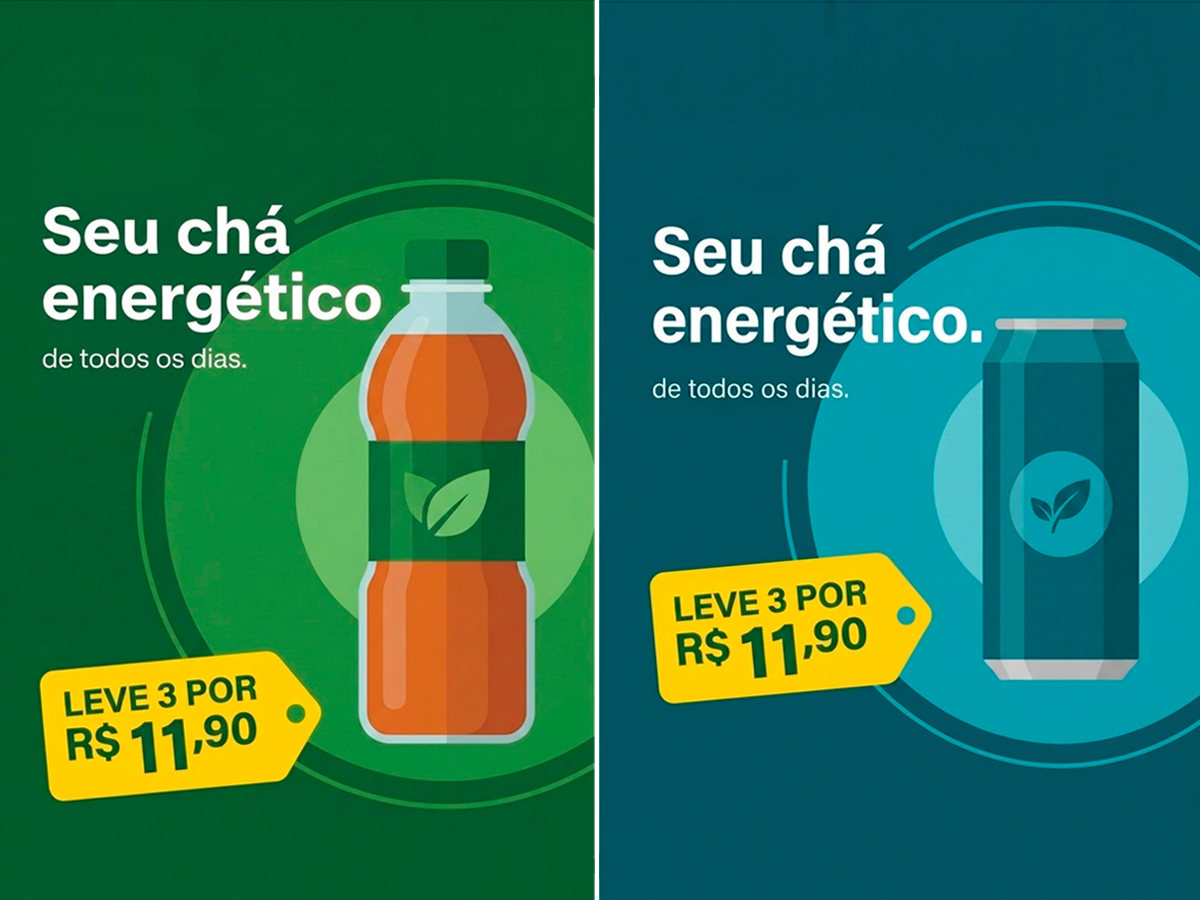 Dois anúncios de rede social lado a lado: chá energético em garrafa (verde) e em lata (azul)